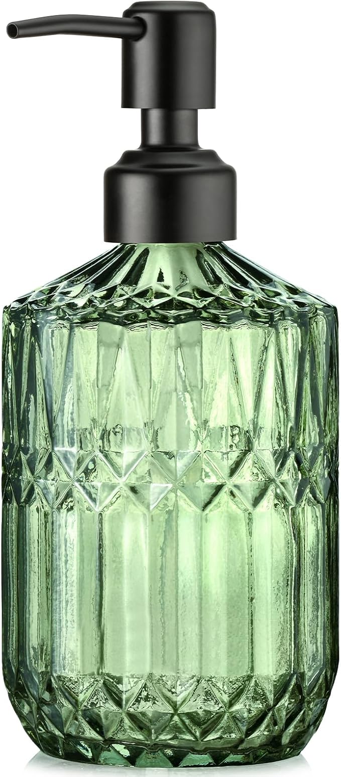 Green Glass Soap Dispenser with Black Rust Proof Pump Refillable for Kitchen Dish Soap Bathroom Hand Soap Lotion and Body Wash