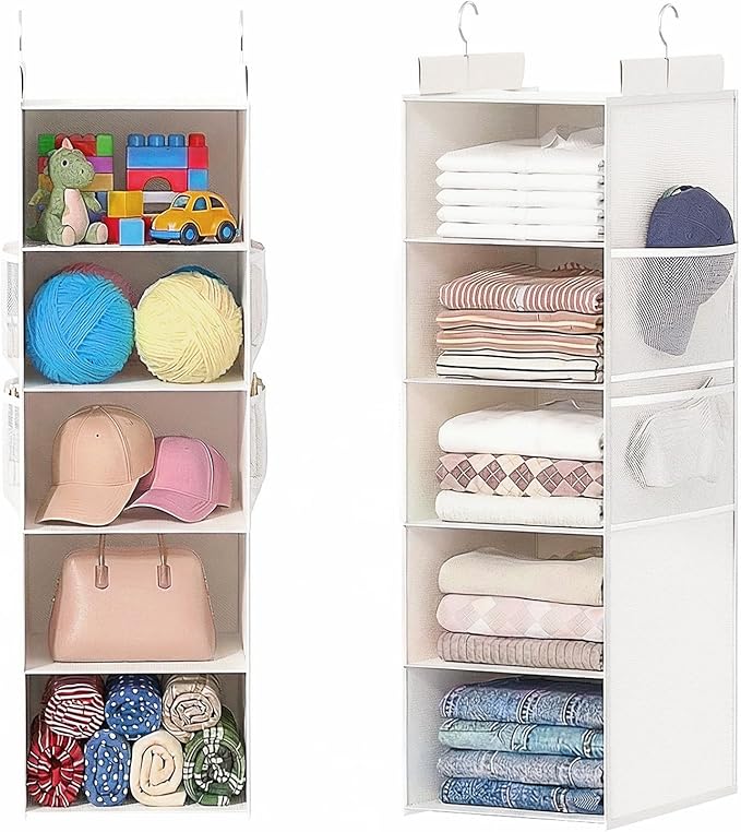 Extra Deep Hanging Closet Organizers and Storage, 5-Tier Closet Hanging Organizer with 4 Mesh Pockets, Heavy-Duty Closet Shelves for Clothes and Hats, Ideal for Dorms and RVs, 1-Pack, White