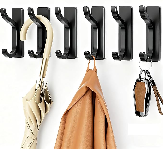 niffgaff Wall Hooks for Coat and Towel: 13lb Adhesive Door Hanger Stick On, Sticky Hook for Wall, Closet, Bathroom - Black, 6 Pack