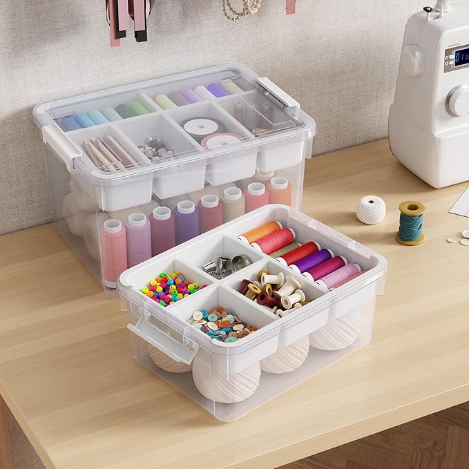 HOMETUK 40Qt Large Stackable Storage Bin with Lid & Tray, Clear Plastic Latching Box Organizer with Divider Portable 10Gal Container for Arts & Crafts, Home and Car Trunk Organization, 1Pack