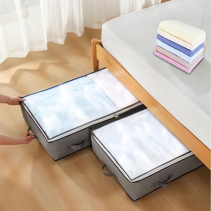 Under Bed Storage Containers, Thin Under Bed Storage Bins with Lids， Clothes Storage Bags Foldable Under Bed Storage Bins for Blankets for Blankets, Comforter, Sweaters, Pillows(Grey, 4 Pack)