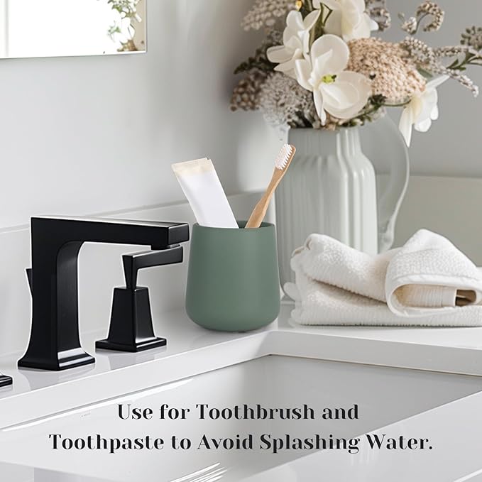 INGOFIN Ceramic Toothbrush Holder, 12 oz Bathroom Toothbrush Holder Ceramic Holder for Toothbrush, Toothpaste Holder and Cup, Matte Green