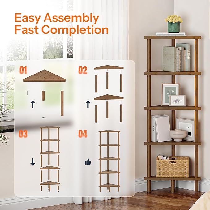 HOOBRO Corner Shelf Stand, 5-Tier Bamboo Corner Bookshelf, Plant Display Shelf, Corner Bookcase, Multipurpose Shelving Unit for Small Space, Living Room, Easy Assembly, Mocha MA20CJ01
