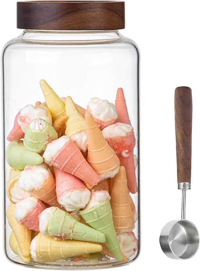 Patoper Large Glass Coffee Jars with Spoon,Round Storage Canister with Wooden Lid Clear Glass Food Jar for Pantry Sugar Tea Coffee Bean Spice Nuts Cookies Bath Salts (2300ml/77oz)