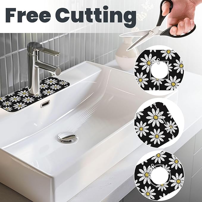 Daisy Flowers Floral Black Kitchen Sink Splash Guard Faucet Mat Super Absorbent Fast Drying Mat Sink Gadgets-Fast Drying Pad Sink Mat For Kitchen Bathroom (15" X 5.5" )