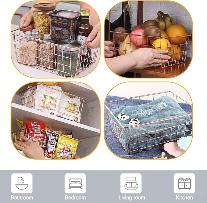 4 Pack Wire Baskets for Pantry Metal Wire Freezer Organizer Bins with Handles, Metal Basket Rose Gold Wire Baskets for Storage Organizing Office, Kitchen Cabinets, Bathroom, Countertop