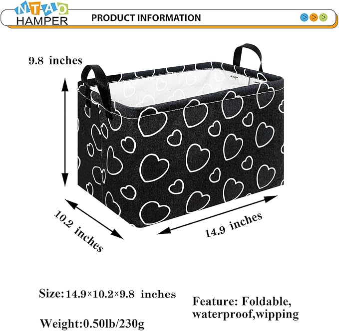 Rectangular Black Storage Basket Empty,Collapsible Gift Basket with Handles,Heart Print Basket for Kids Toys/Books Box,Room Decor(Black Love)