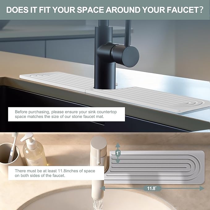Meiliweser Stone Faucet Mat for Kitchen Sink, Quick Dry Diatomite Sink Splash Guard, Upgraded U-shaped Drying Sink Protectors, Non-Slip Stone Tray for Bathroom Counter (23.6"x4", White)