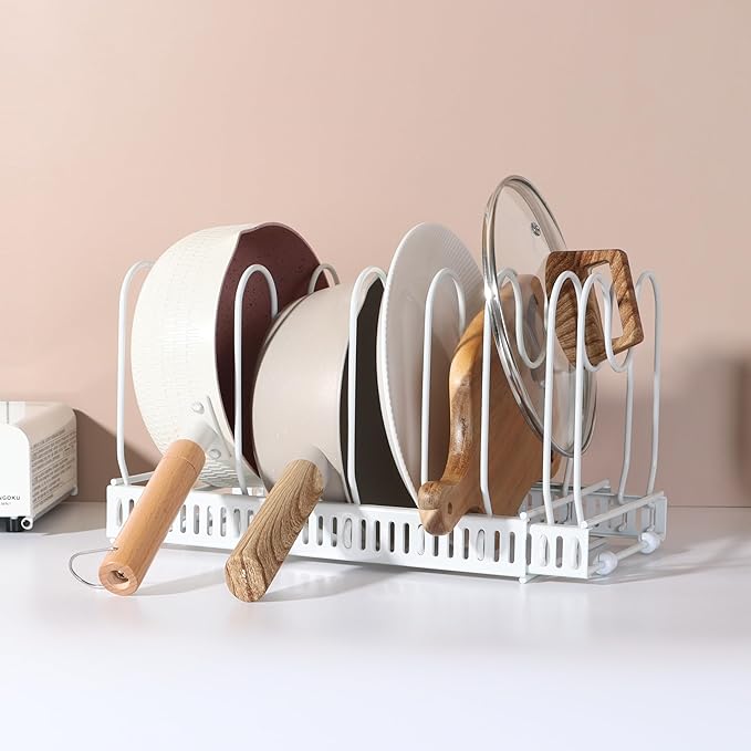 Expandable Pots and Pans Organizer Rack, Pot Lids Cutting Boards Kitchen Cabinet Organizer with 7 Adjustable Compartments, Cookware Bakeware Rack for Kitchen Cabinet Countertop Storage(White)