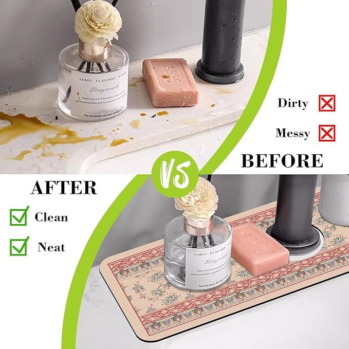 Sink Splash Guard Faucet Mat Retro Boho Flowers Absorbent Fast Drying Mat Sink Gadgets Splash Guard Behind Faucet Drip Catcher for Kitchen Bathroom 15.5"X5.5"