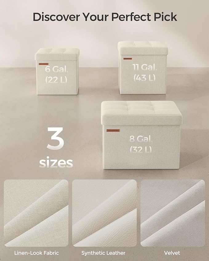 SONGMICS Storage Ottoman, Foldable Small Ottoman Foot Rest, 11.8 Inches Foot Stool, Cube Ottoman with Storage, Load up to 286 lb, for Living Room, Bedroom, Dorm, Cream White ULSF028W01