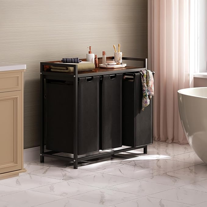 Laundry Hamper with Shelf, Laundry Basket 3 Section, Laundry Sorter with Pull-Out Removable Large Bags and Movable Wheels, Metal Frame, 3 x 15.87 Gallons (60L), Rustic Brown + Black PF04XLY