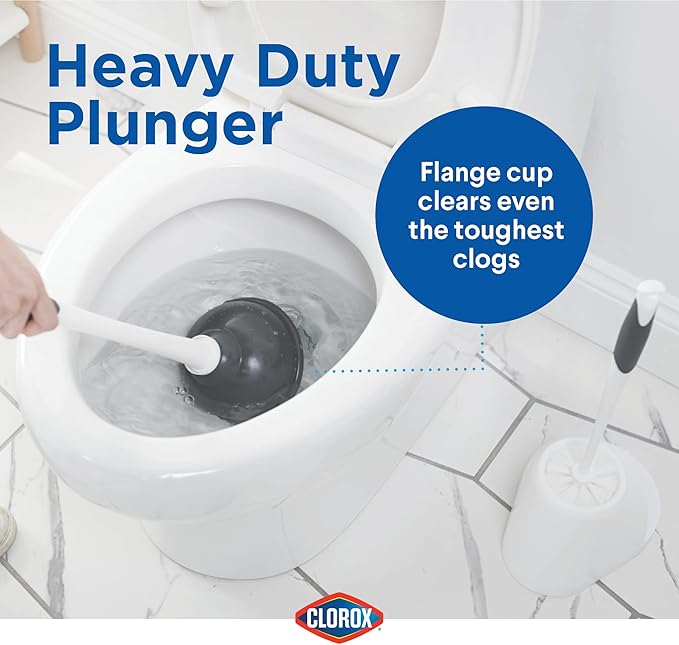 Clorox Toilet Plunger and Bowl Brush Combo with Caddy, 6.75 x 7 x 19.5 in, White/Gray