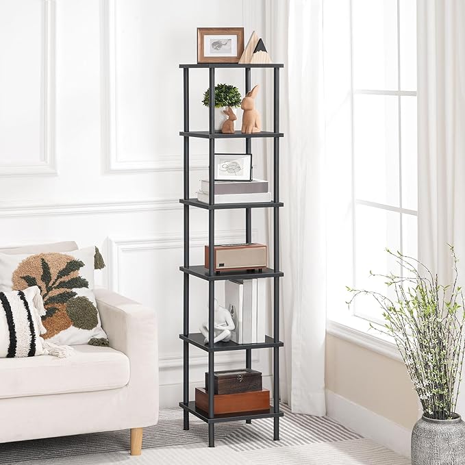 HOOBRO 6-Tier Corner Shelf, Corner Square Rack Display Shelf, Tall Storage Rack Plant Stand, Bookcase for Small Spaces, Living Room, Home Office, Kitchen, Black BK55CJ01