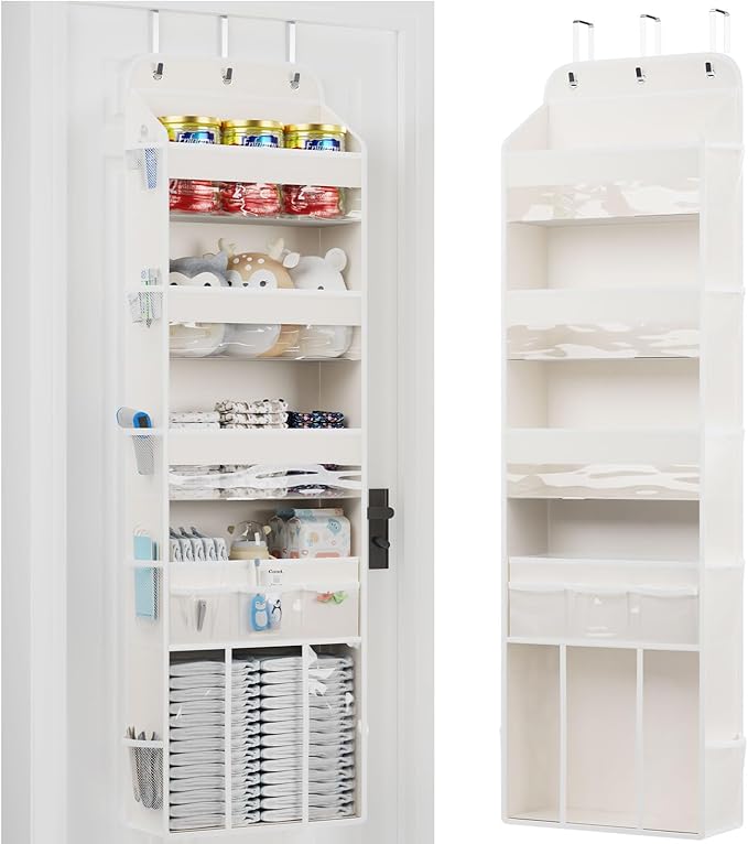 OneDream 5-Tier Over the Door Organizer with Removable Storage Caddy, Baby Clothes Organizer for Nursery, Hanging Behind Door Storage with Clear Pockets and Side Mesh Compartments, Beige