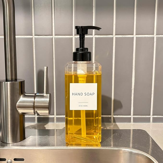 Clear Soap Dispenser with Waterproof Labels, Thickened Plastic Hand Soap Dispenser for Bathroom, Kitchen Dish Washing Liquid Bottles, Shampoo and Conditioner Bottles with Funnel (22oz 4Pack Clear)
