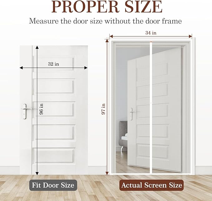 Yotache Mesh Door Screen with Magnets Fit Doors 32 x 96, Screen Size 34" x 97" with Full Frame Hook&Loop Strip and Special Windproof Hasp Design, White