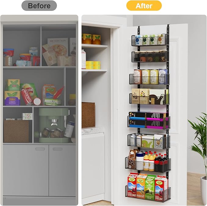 Over the Door Organizer, 8-Tier Pantry Organizer with Fully Enclosed Mesh Baskets, Heavy-Duty Metal Hanging Spice Rack for Kitchen Bathroom Laundry Room, 2-in-1 Wall Mount or Door Mount, Black
