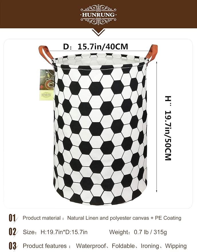 HUNRUNG Laundry Hamper,Large Canvas Fabric Lightweight Storage Basket Toy Organizer Dirty Clothes Collapsible Waterproof for College Dorms, Children Bedroom,Bathroom（Roud-Football）