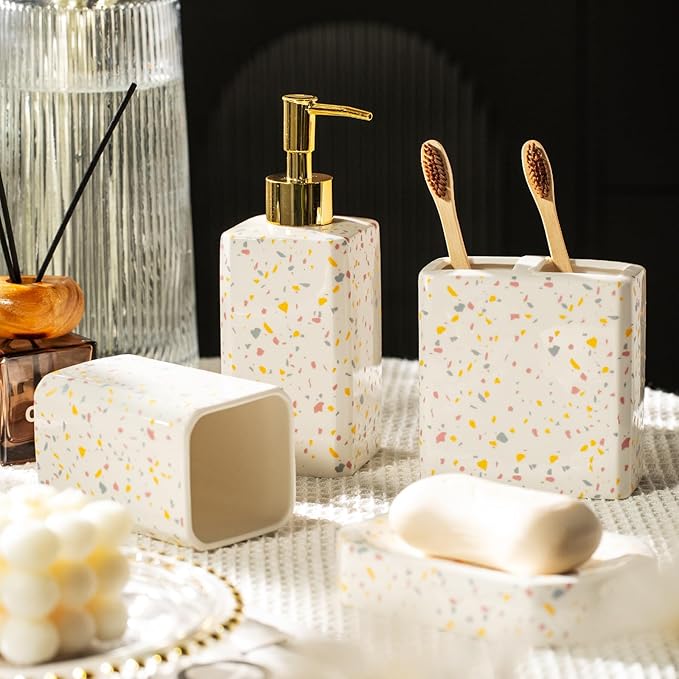 4 Piece Bathroom Accessories Set - Modern Terrazzo Pattern Includes Lotion Dispenser, Toothbrush Holder Tumbler, and Soap Dish - Glossy Finish