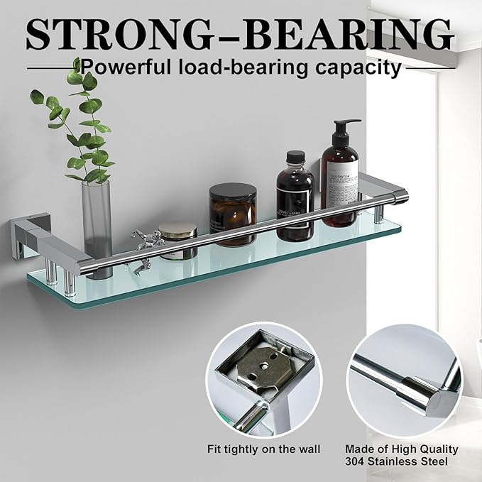 SFGSOWOR Glass Shelves for Bathroom, 20IN Rectangular Chrome Stainless Steel Tempered Glass Shelf Wall Mount Shelf Sink Over Toilet Modern Bathroom (Chrome Polished, 20‘’)
