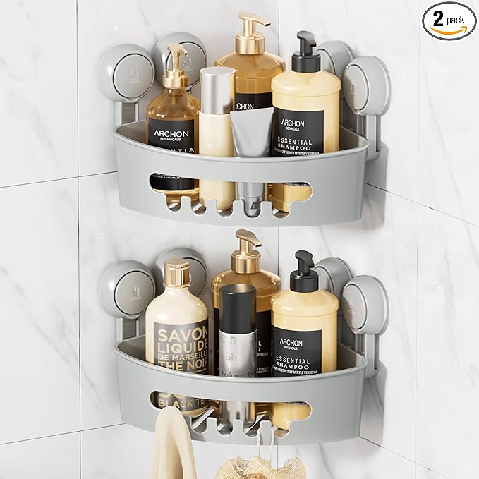LEVERLOC Corner Shower Caddy Suction Cup, shower shelves suction cup, 2 Pack Basket Powerful Bathroom, Waterproof & Oil-proof Organizer for Kitchen, No-Drilling Removable (Grey)
