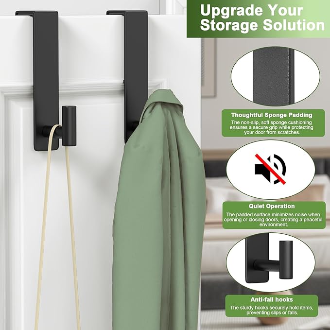 VINHOLD Heavy Duty Stainless Steel Over-Door Hook for Coats, Totes, Towels – Easy Install Door Hooks with Non-Slip Pads for Bedroom Bathroom Entryway Office (Black, 2 Pack, Fits 1-3/4" Thick Door)