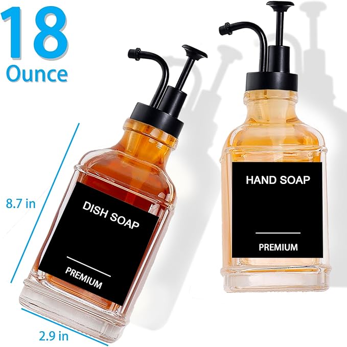 Dish Soap Dispenser for Kitchen, Hand Glass Soap Dispenser Set with Pump, Funnel for Bathroom, Shower, Laundry, Liquid, Lotion (Black 2 Pack 18 Oz Clear Bottles with 12 Stickers)