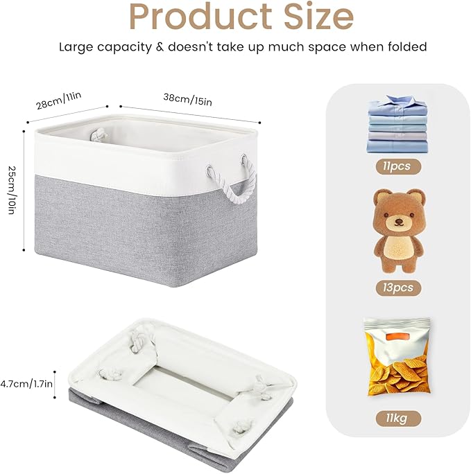 Large Storage Baskets- 15x11x10 inch Storage Bins for Shelves and Closet Organizing, Foldable Fabric Bin for Home Organization Clothes and Laundry (1-Pack, White&Gray)