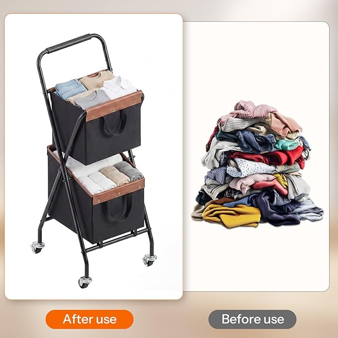 HOOBRO Folding Laundry Cart with Wheels, 17.8 Gal. (67.5 L) Rolling Laundry Hamper, 2 Section Clothes Basket with Metal Frame & Canvas Liner for Small Narrow Space, Black and Brown BB23XY01