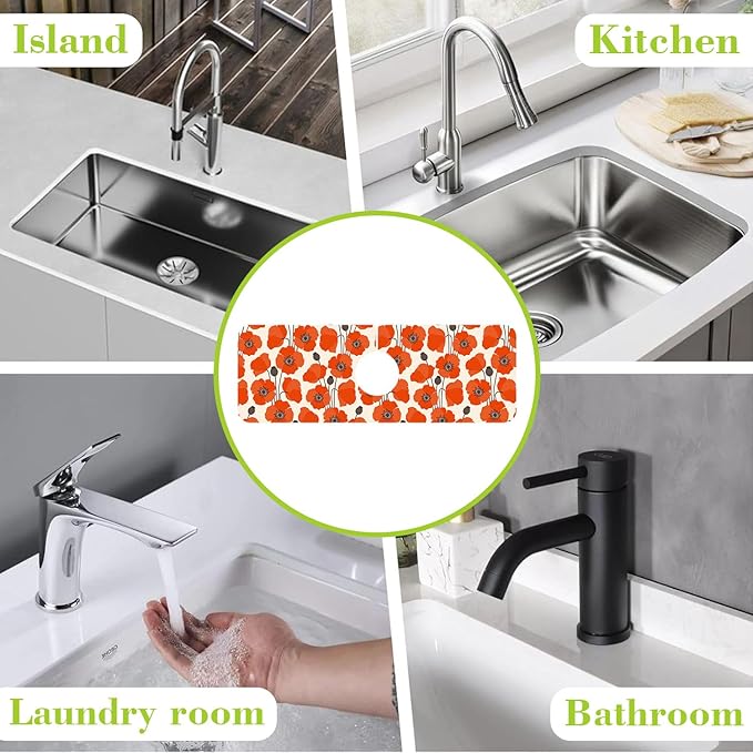 Sink Faucet Absorbing Mat Poppy Flowers Sink Splash Guard Drying Mat for Kitchen Bathroom Faucet Sinkmat 15.5"X5.5"