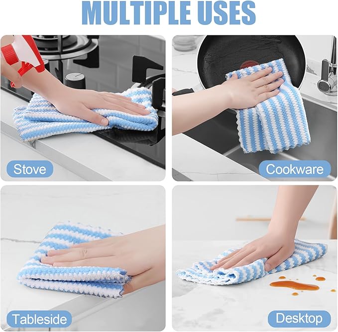 Homaxy Kitchen Towels(12 Pack, 10 x 20 inches), Ultra Soft and Absorbent Dish Towels, Reusable Fast Drying Microfiber Cleaning Cloth, Coral Velvet Wave Design No-lint, Blue
