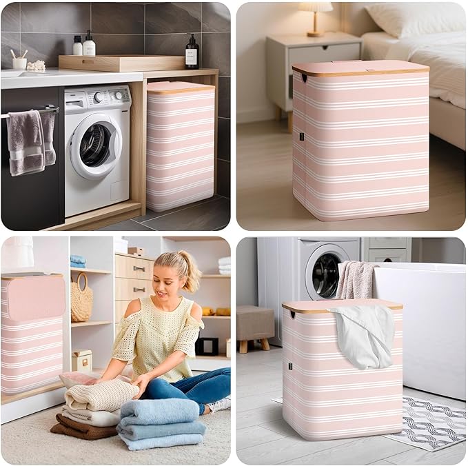 BALEINE Laundry Hamper with Lid, Tall Laundry Baskets with Bamboo Pull Handles, Large Laundry Bin with Internal Support (18 Gal/70L, Pink Pinstripe)