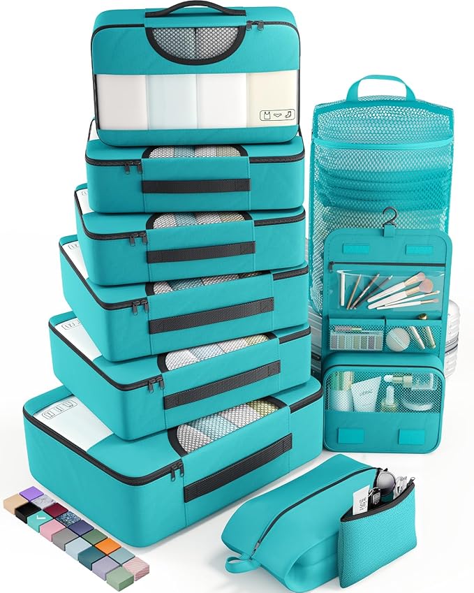 Veken 10 Set Packing Cubes for Kids & Toddler, Airplane Travel Essentials, Beach Vacation & Road Trip Suitcase Organizer Bags Set for Luggage, with Hanging Toiletry & Shoe Bag