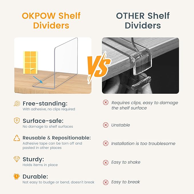 OKPOW Acrylic Shelf Dividers for Closet Organization: 8 Pack Tall Durable Clear Shelves Separators for Clothing Adjustable