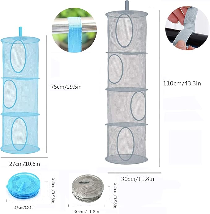 2pcs Hanging Mesh Storage Organizer Bag Foldable Space Saving Organizer with 2pcs S Hooks for Room Bathroom Wall Balcony Wardrobe(Grey，Blue)