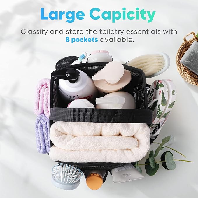 EUDELE Mesh Shower Caddy Portable for College Dorm Room Essentials, 8-Pocket Large Capacity Shower Bag for Beach, Swimming, Gym Pack