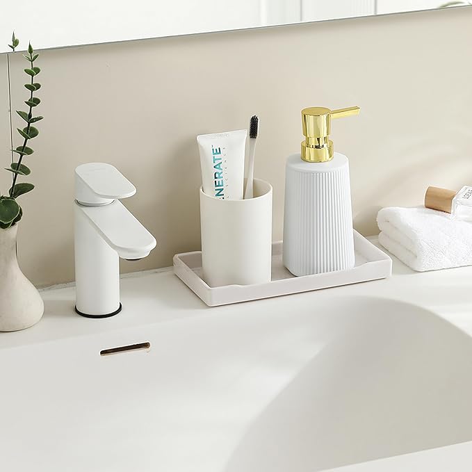 Small Soap Dispenser for Bathroom and Kitchen, Modern Farmhouse Striped Style Plastic Hand Soap Dish Soap Dispenser with Pump Matte White and Gold