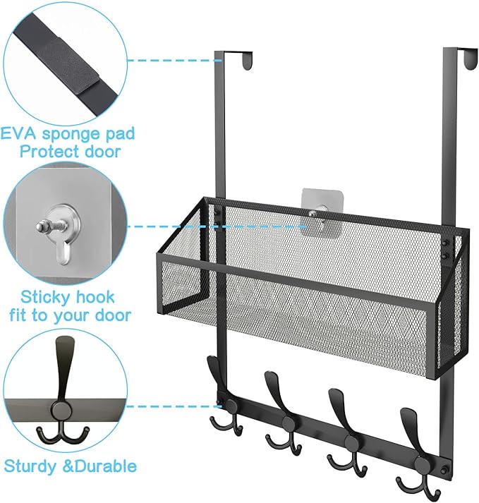 Kaiferty Over The Door Hooks Organizer, Coat Rack Over The Door Storage Hanger Towel Rack, Back of Door Storage Organizer for Bathroom,Bedroom,Kitchen,Office (Black, 2-Tier)
