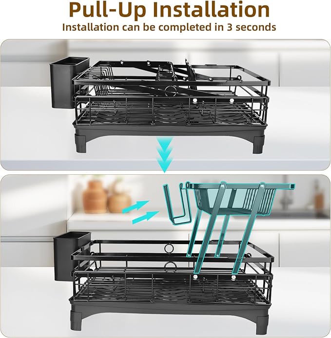 AULEEP 2 Tier Dish Drying Rack, 2-in-1 Expandable Dish Drying Racks for Kitchen Counter, Anti-Rust Large Dish Drainers for Kitchen Sink with Dish Drying Mat, Cups Holder, Utensil Holder