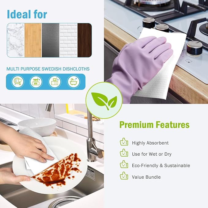 AIDEA Swedish Dishcloths for Kitchen, 10PK, White, Absorbent Sponge Dish Cloth, Dishcloths for Washing Dishes, Reusable Paper Towels Dish Cloths, Swedish Towels for Home, Kitchen, Glass, 7" x 6"