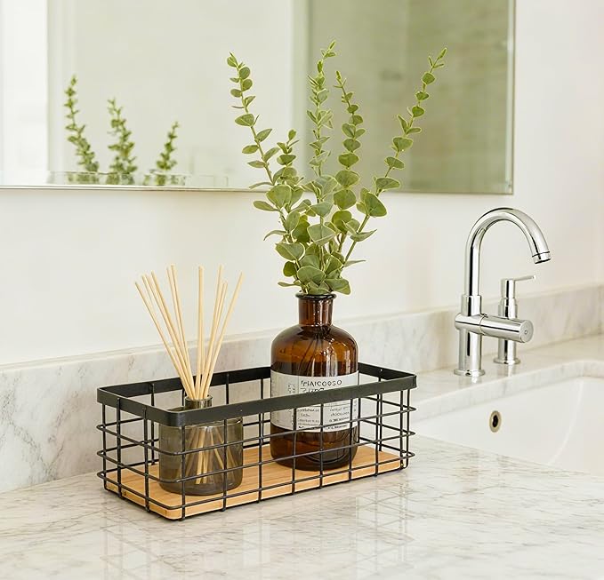 Small Metal Wire Basket Detachable Wood Base Storage Organizer Bathroom Counter Storage Organizer for Makeup, Perfume & Skincare，1 Pack in Black Color