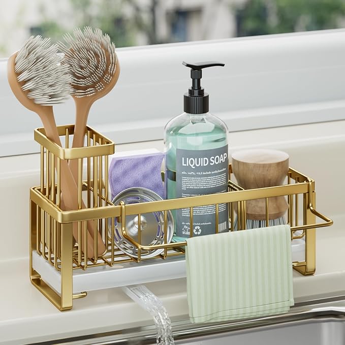 HapiRm Sponge Holder for Kitchen Sink - Self-draining Sink Caddy with Brush Holder and Dishcloth Holder, Stainless Steel Kitchen Organizer for Countertop - Gold