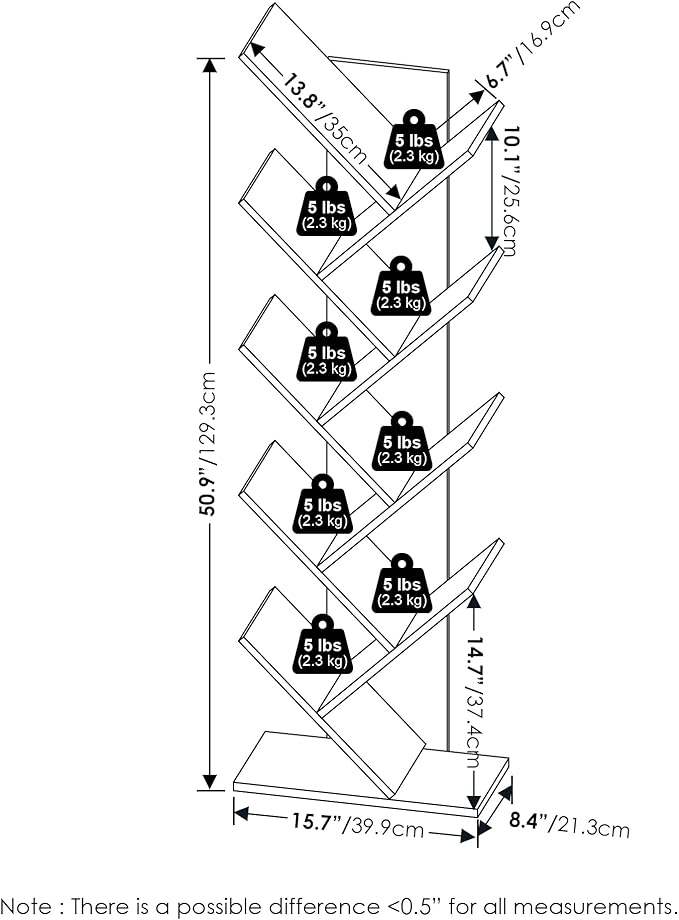 Furinno TREE Book Shelf, 9-Tier Bookshelf, Tree Bookcase with Angled Open Shelf, 8.4" x 15.7" x 50.9", for Room Decor, for Living Room, Bedroom, Home Office, French Oak