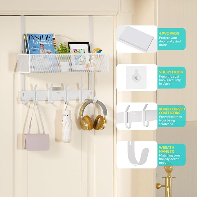 LUCYCAZ Over The Door Hooks Organizer, Door Hanger Storage with Coat Hooks Wreath Hanger & Mesh Basket, Over The Door Towel Rack Door Organizer for Bathroom,Bedroom,Kitchen (White), OVTD01