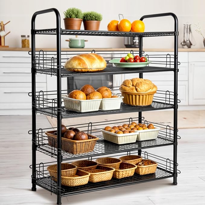4 Pcs Chrome Wire Shelf Ledge 18" L x 4" H Wire Shelving Side Ledge Metal Shelves Accessories Pantry and Garage Storage (Black)