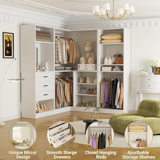 Unikito Closet System with Drawers，86” Modular Corner Closet Organizer System with Mirror，Freestanding Wood Wardrobe Organizer with Hanging Rods & Adjustable Shelves, Walk in Closet Tower, White