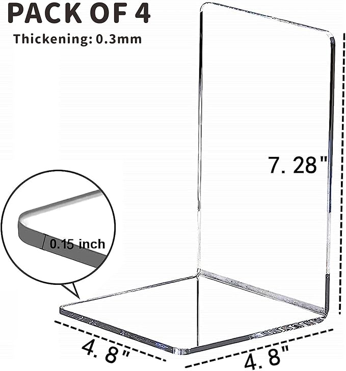 4pcs Clear Book Ends for Heavy Books,Acrylic Book Shelf Organizer for Desk,Plastic Heavy Duty Book Holders Stand and Invisible Bookshelf Dividers Decorative,Suitable for Office Home Weighted Bookends