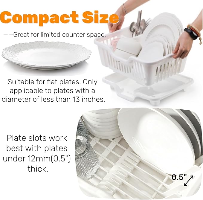 2-Piece Plastic Dish Drying Rack, Heavy Duty Sink Set Dish Rack, White Large Drainer with Attached Drainboard Utensil Cup Holders for Home Kitchen Counter Top Organizers