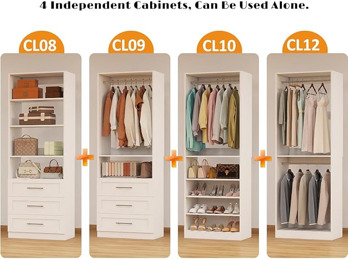 Closet System with 4 Sets, Closet Organizer Systems with 6 Drawers & 8 Hanging Rods & Adjustable Shelves, Walk in Closet Freestanding Closet System Modular Closet System Set White